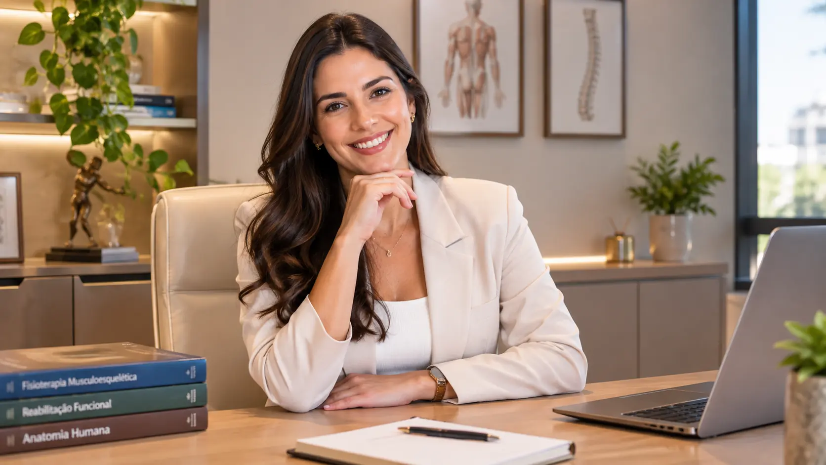 Isabela, fisioterapeuta da Phisy, sentada à mesa do consultório, com a mão apoiada no queixo e um sorriso acolhedor