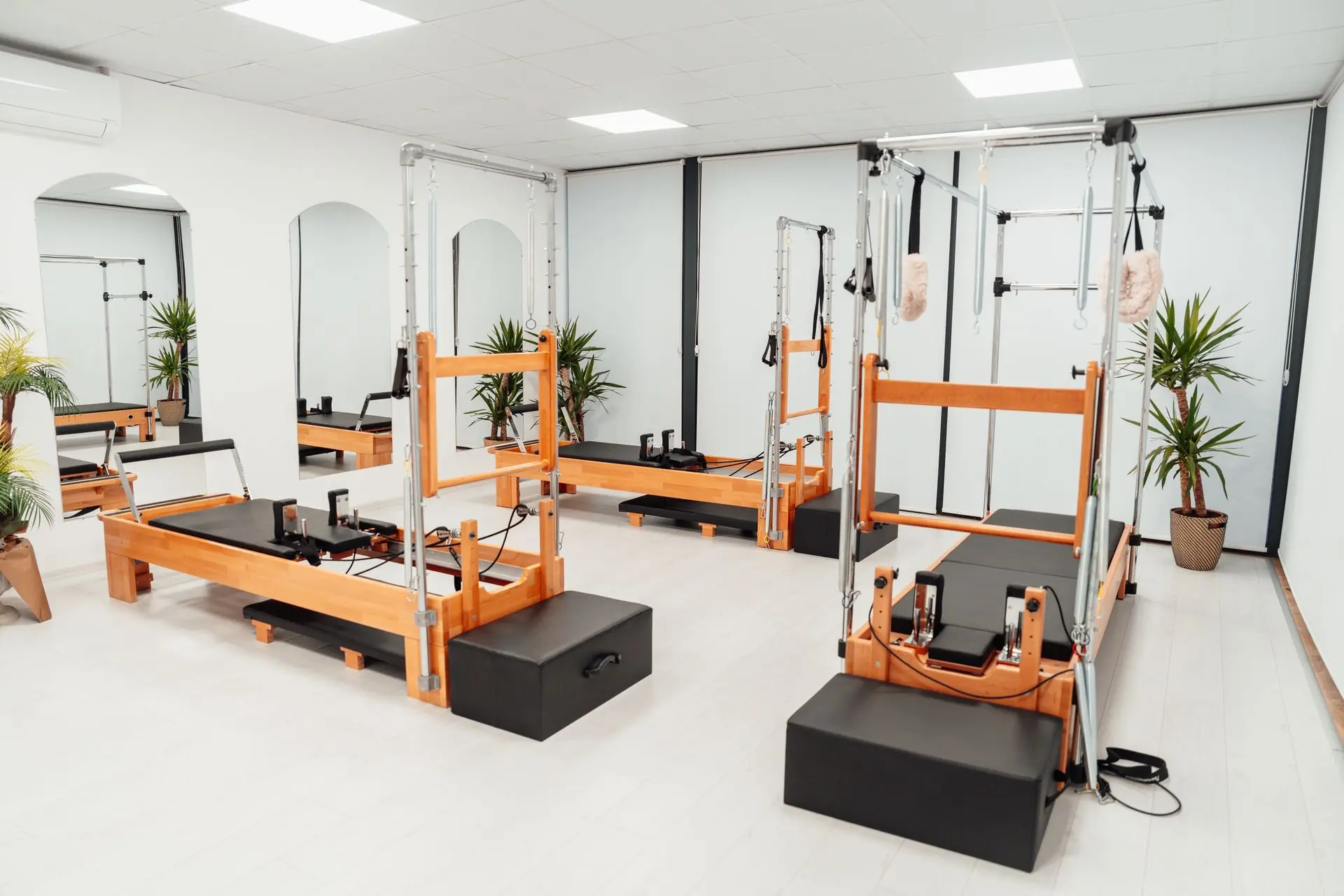 Estúdio de Pilates claro e amplo, com aparelhos de madeira, espelhos em arco e plantas